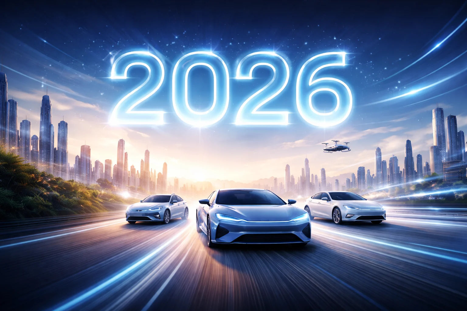 Futuristic 2026 banner featuring electric vehicles driving through a modern city skyline
